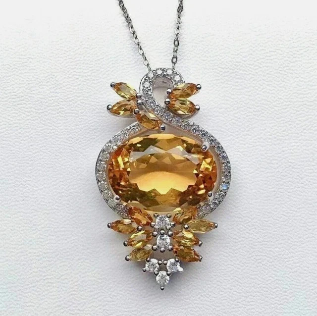 Lab Created Citrine 3.00Ct Oval Cut Designer Pendent 14K White Gold Plated 18”