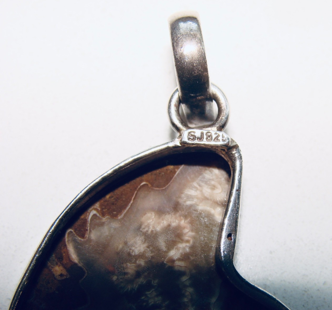 SAJEN 925 STERLING SILVER 925 AMMONITE BROWN SHELL FOSSIL 2.25” PENDANT SJ