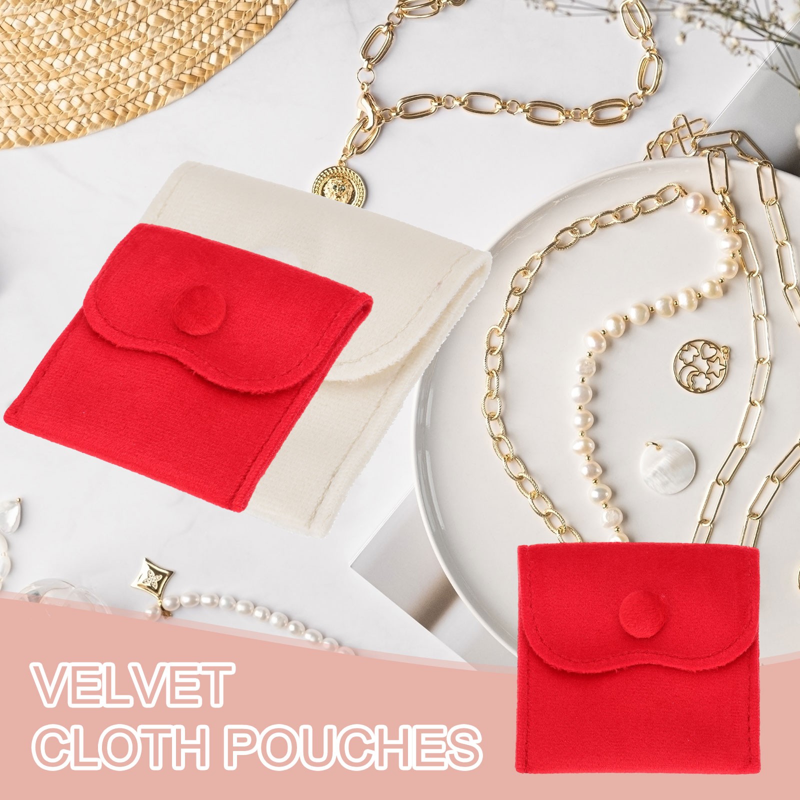 6 Pcs Velvet Jewelry Pouches Gift Bag with Snap Button (3″x3″/4″x4″/4″x5″) Red