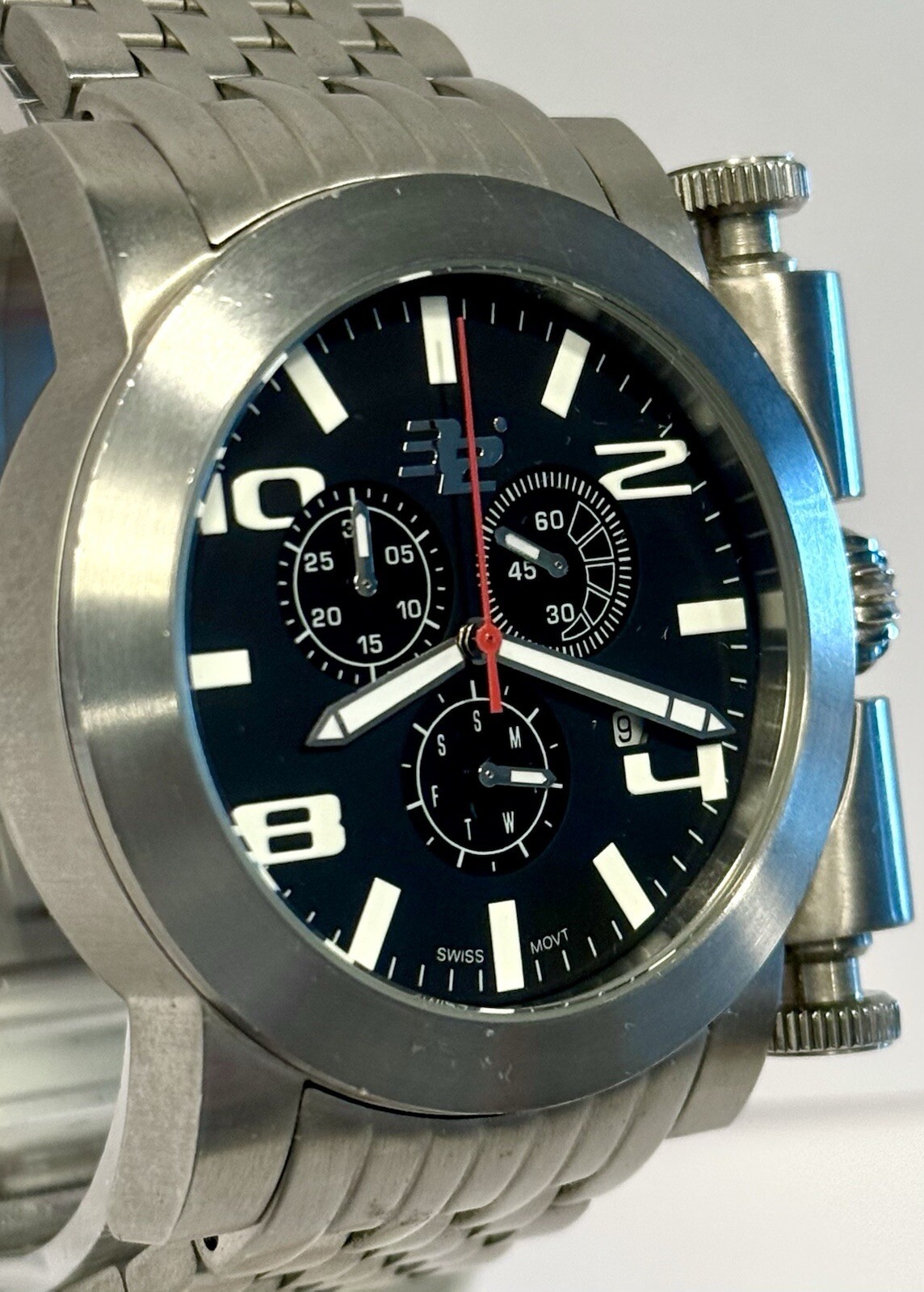 45mm Rare Push Button Design Swiss Chrono Slvrtn 7.5” Bracelet 32 DEGREES Watch