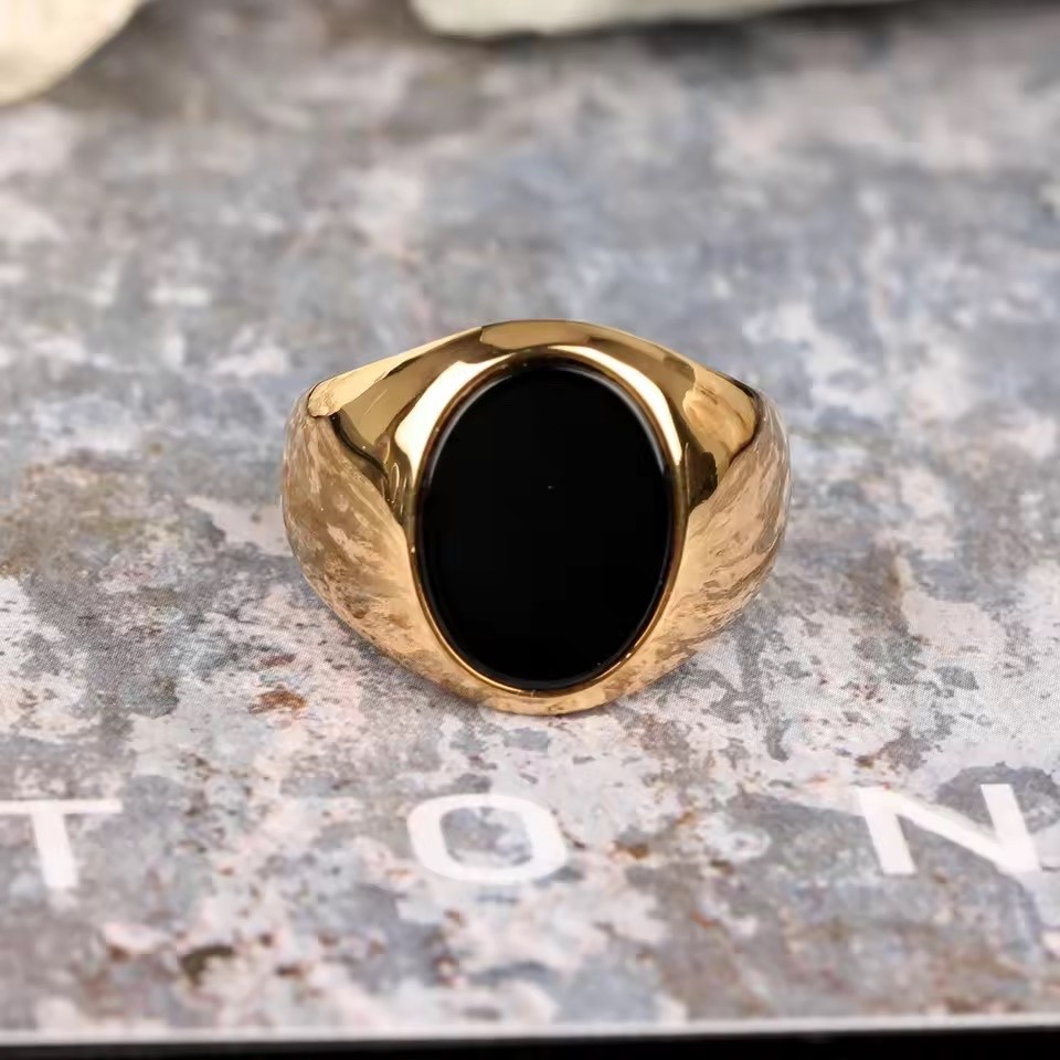 Men’s Ring High Quality 316L Stainless Steel Gold Silver Color Black Onyx Oval