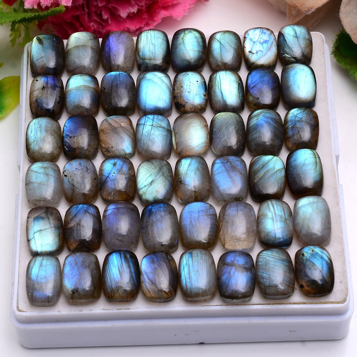 Set Of 18 Pcs Natural Labradorite 14mmx10mm Cushion Cabochon Loose Gemstones Lot