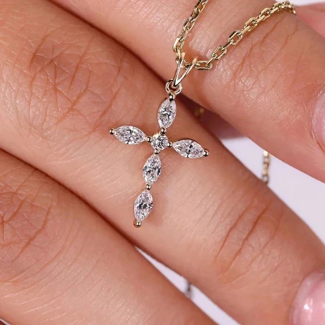 Marquise Cut Simulated Diamond Women’s Cross Pendant In 14K Yellow Gold Plated