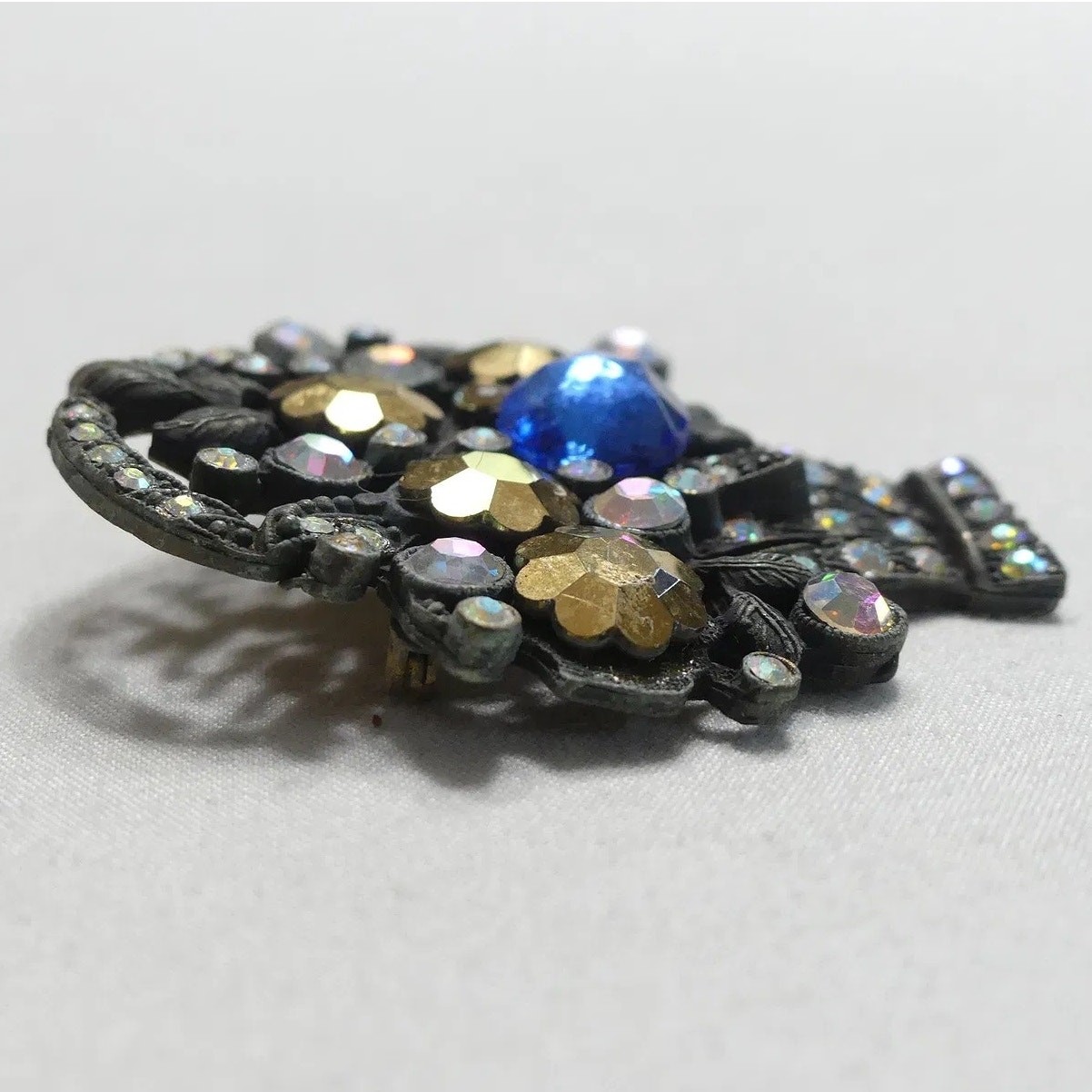 Vintage Mid Century Flower Basket Brooch with Cobalt, Aurora Borealis Rhinestone