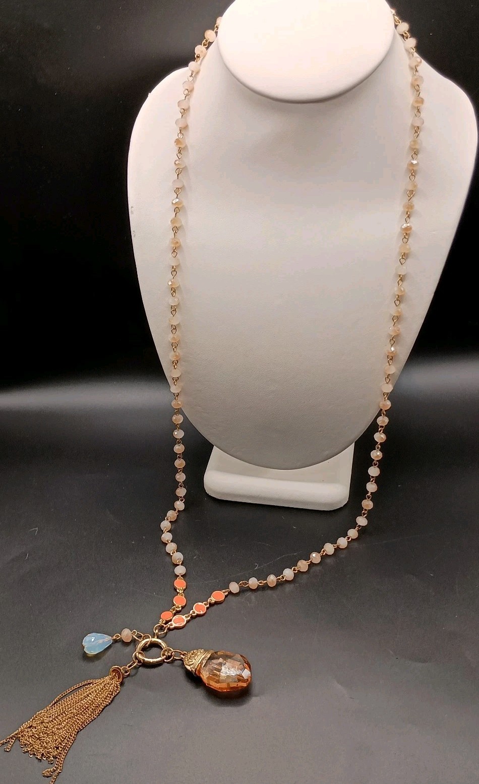 Vintage Beaded Necklace Tassel Opalite & Crystal Charm Pendant Sparkle Long 39″