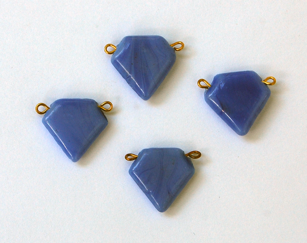 VINTAGE 4 OPAQUE BLUE GLASS PENTAGON BEAD CONNECTOR OLD ANTIQUE POINTED SHIELD