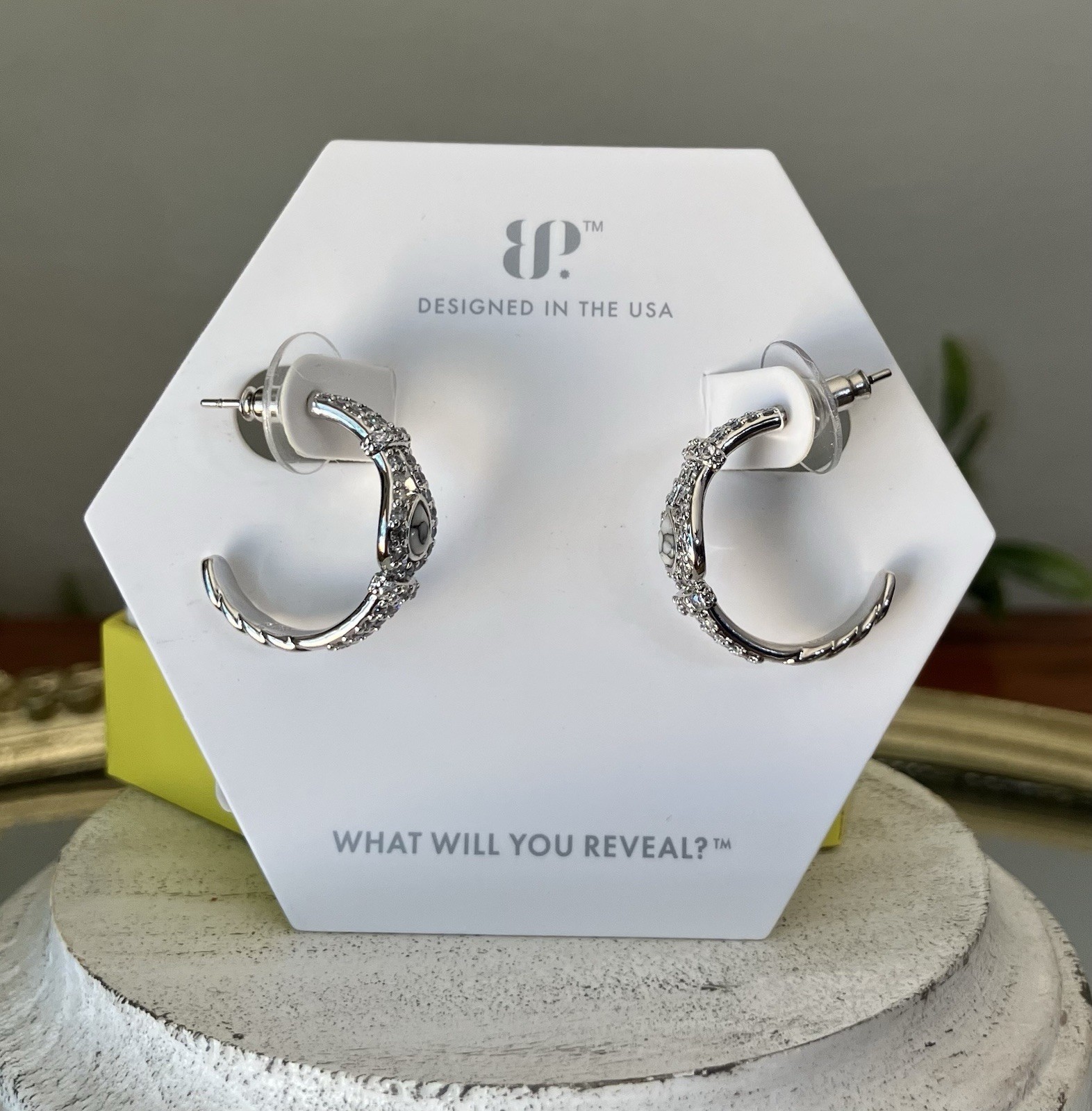 Bomb Party OG Earrings “Serving Looks” Howlite Hoops On Rhodium ER49507
