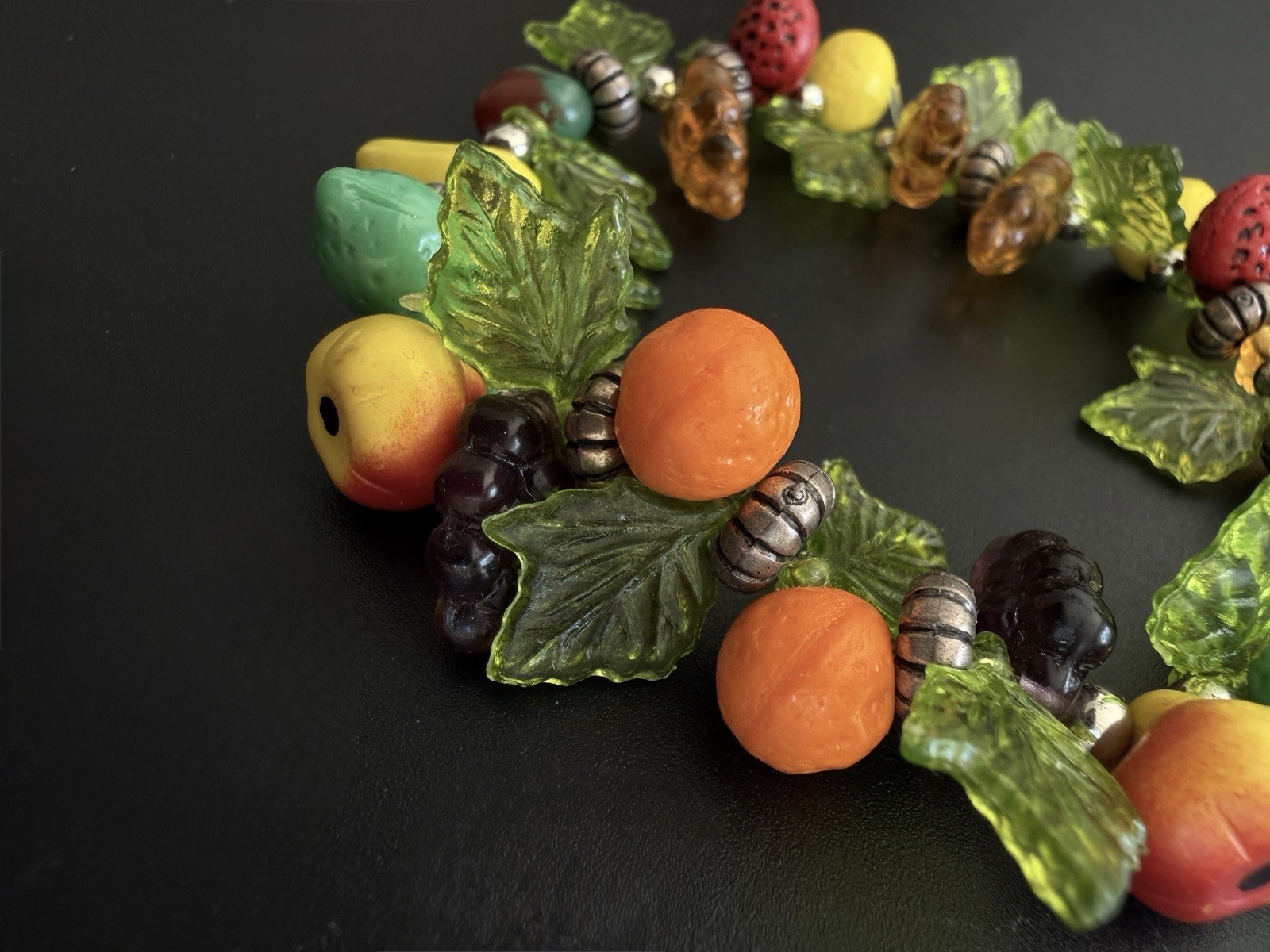 Vintage Plastic Acrylic Resin Fruit Salad Charm Bracelet Colorful Beads Silver