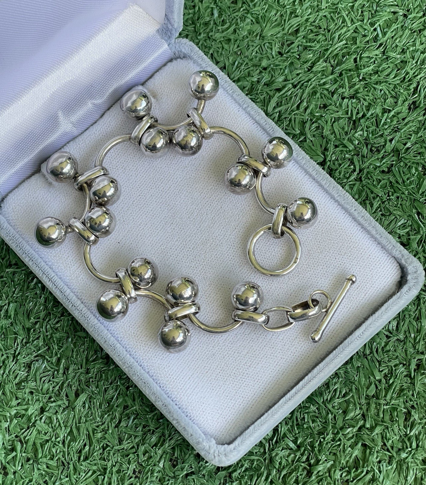 Vtg Marked 925 Sterling Silver DNA Vine Cha Cha Beads Toggle Clasp Bracelet 7.5”