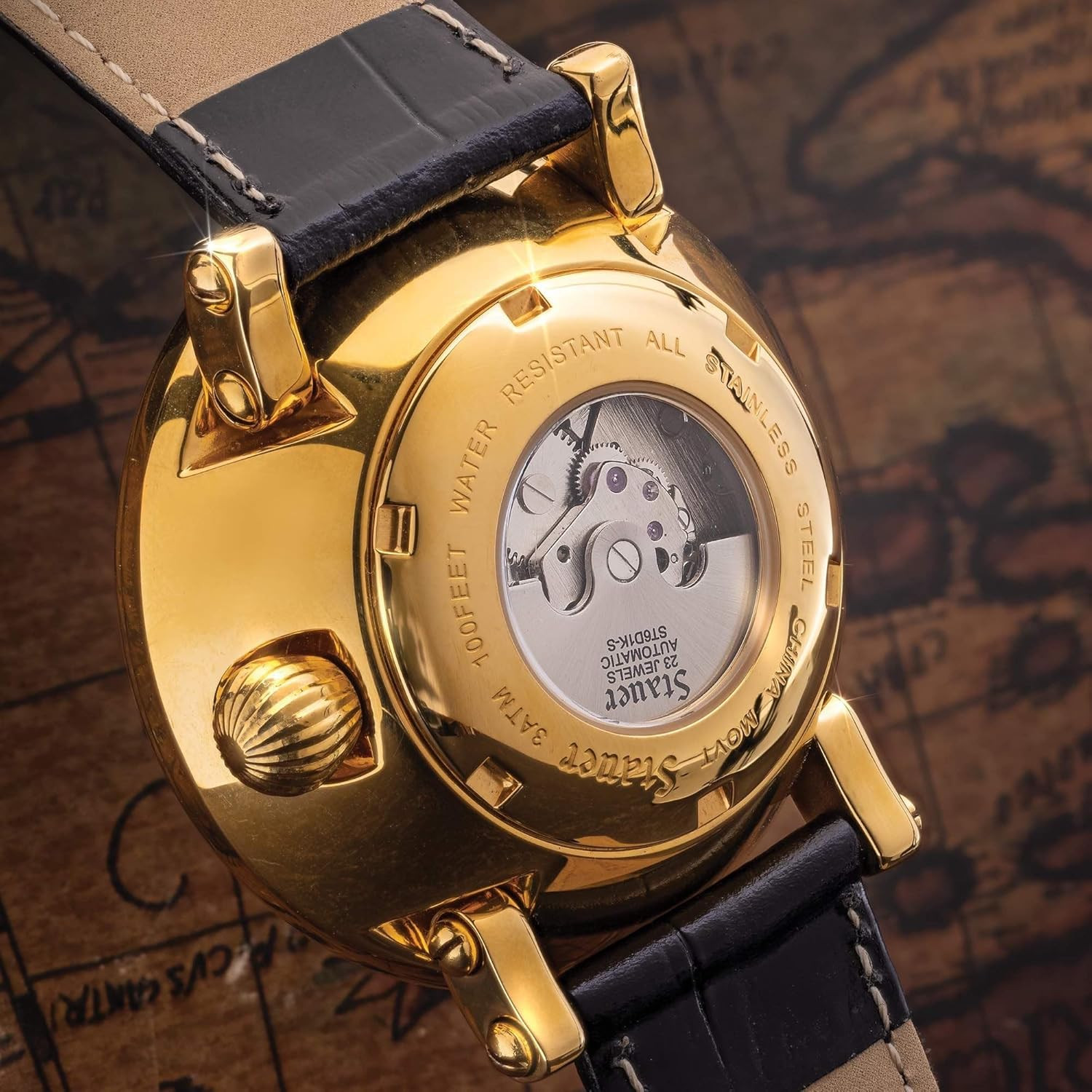 Dumonde 40mm Gold-Plated Automatic Watch with World Map Dial & Leather Band