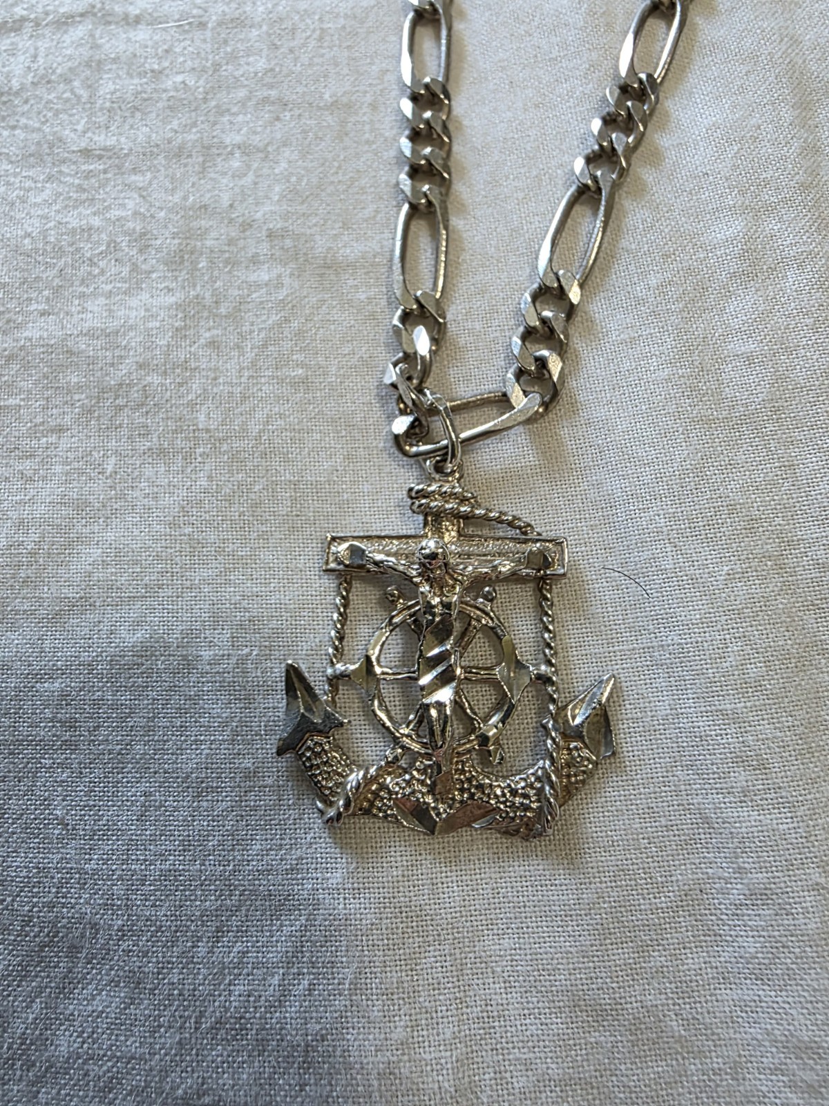 Silver Tone Figaro Chain Nautical Anchor Charm Pendant Necklace, Lobster
