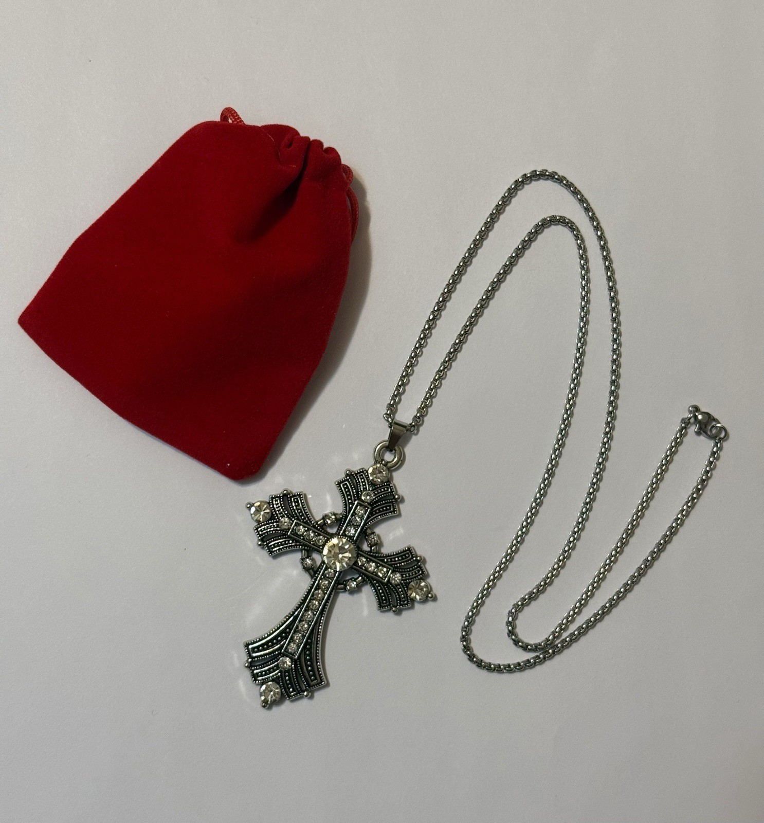 Silver Tone Cross Necklace Chain Religious Gothic Grunch Whimsgoth Victorian