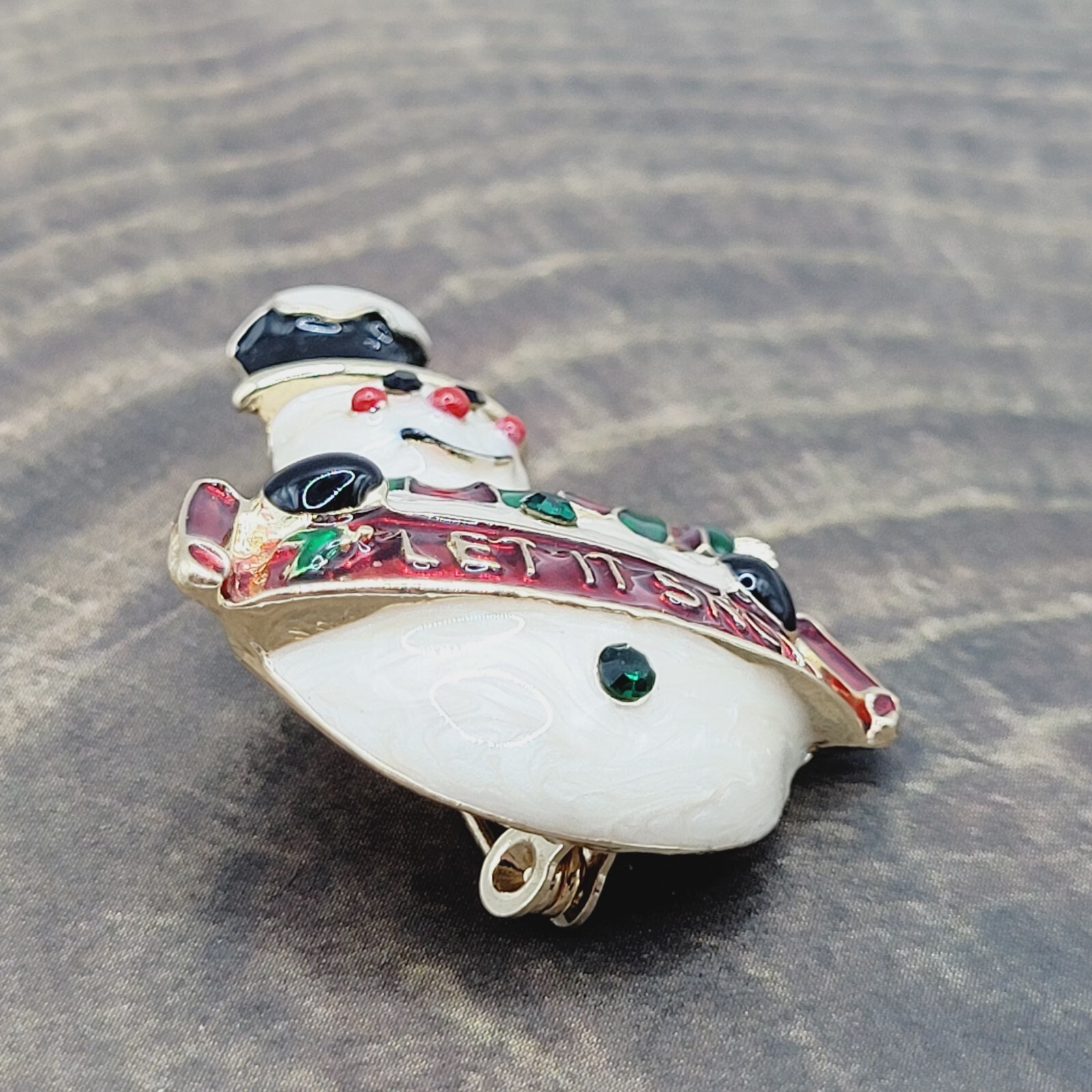 LET IT SNOW Metal and Enamel Snowman with Top Hat Scarf Gold Tone Brooch Pin