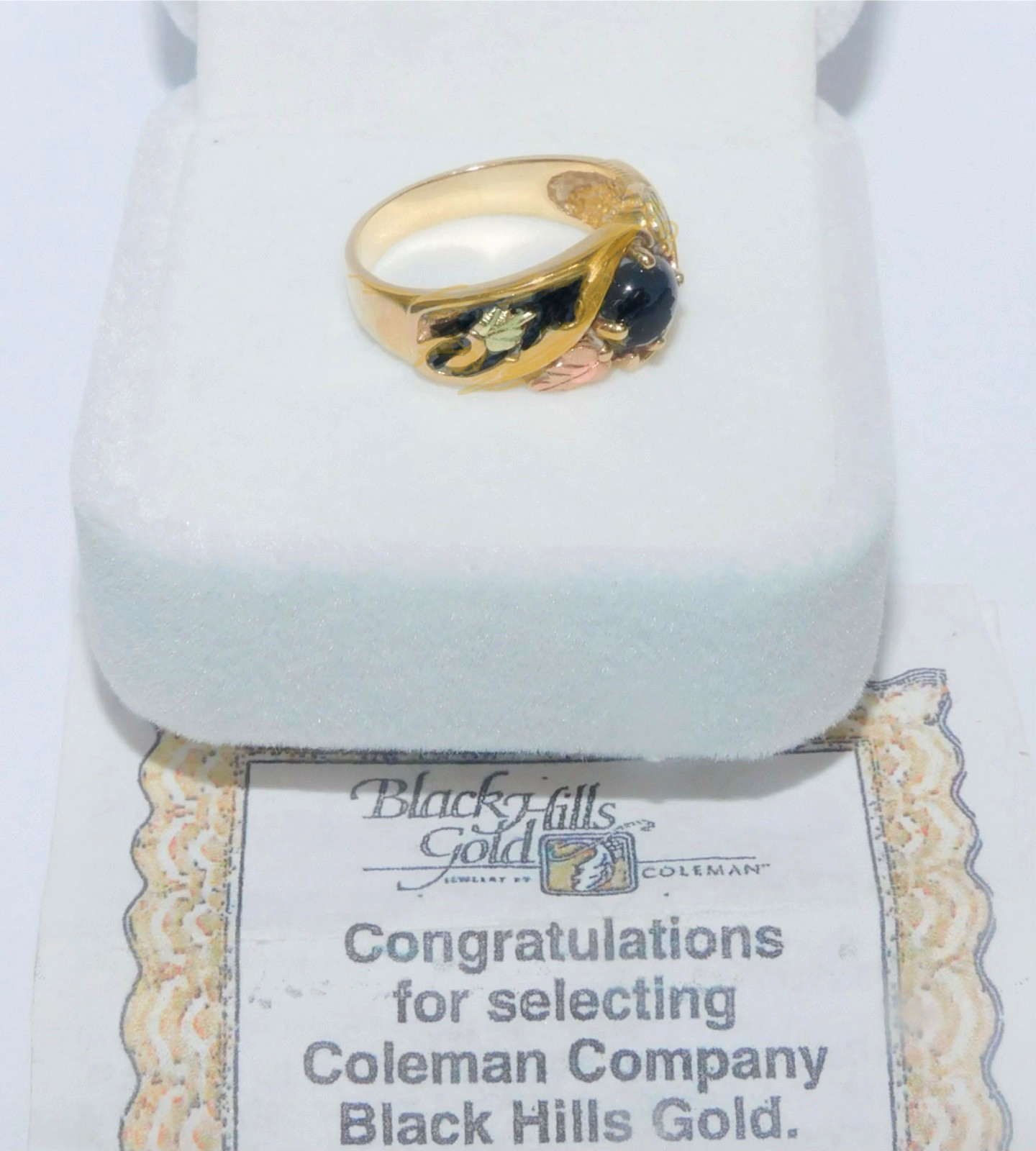 Black Hills Gold 10k Onyx Wide Band Leaves Ring Size 7