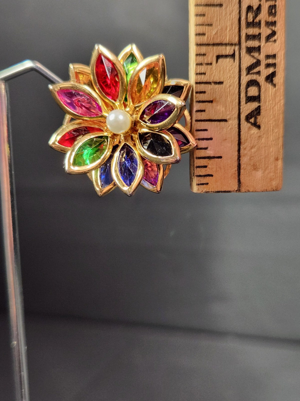 Vintage reverse set navette multicolor rhinestone flower clip on earrings