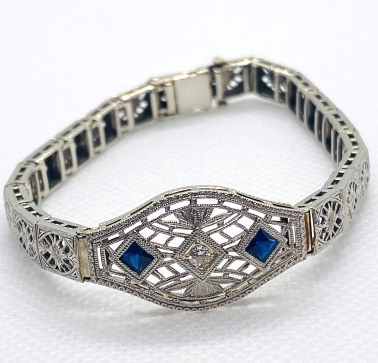 14K White Gold Die Struck Art Deco Diamond and Lab Created Sapphire Bracelet 6.5