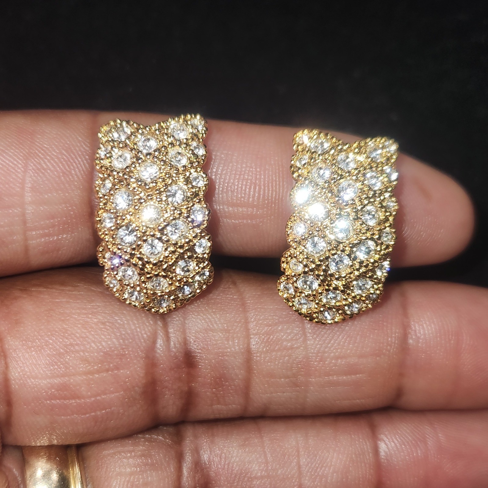 Gold Tone Pave Rhinestone Clip On Earrings Vintage Style Scalloped J Hoop