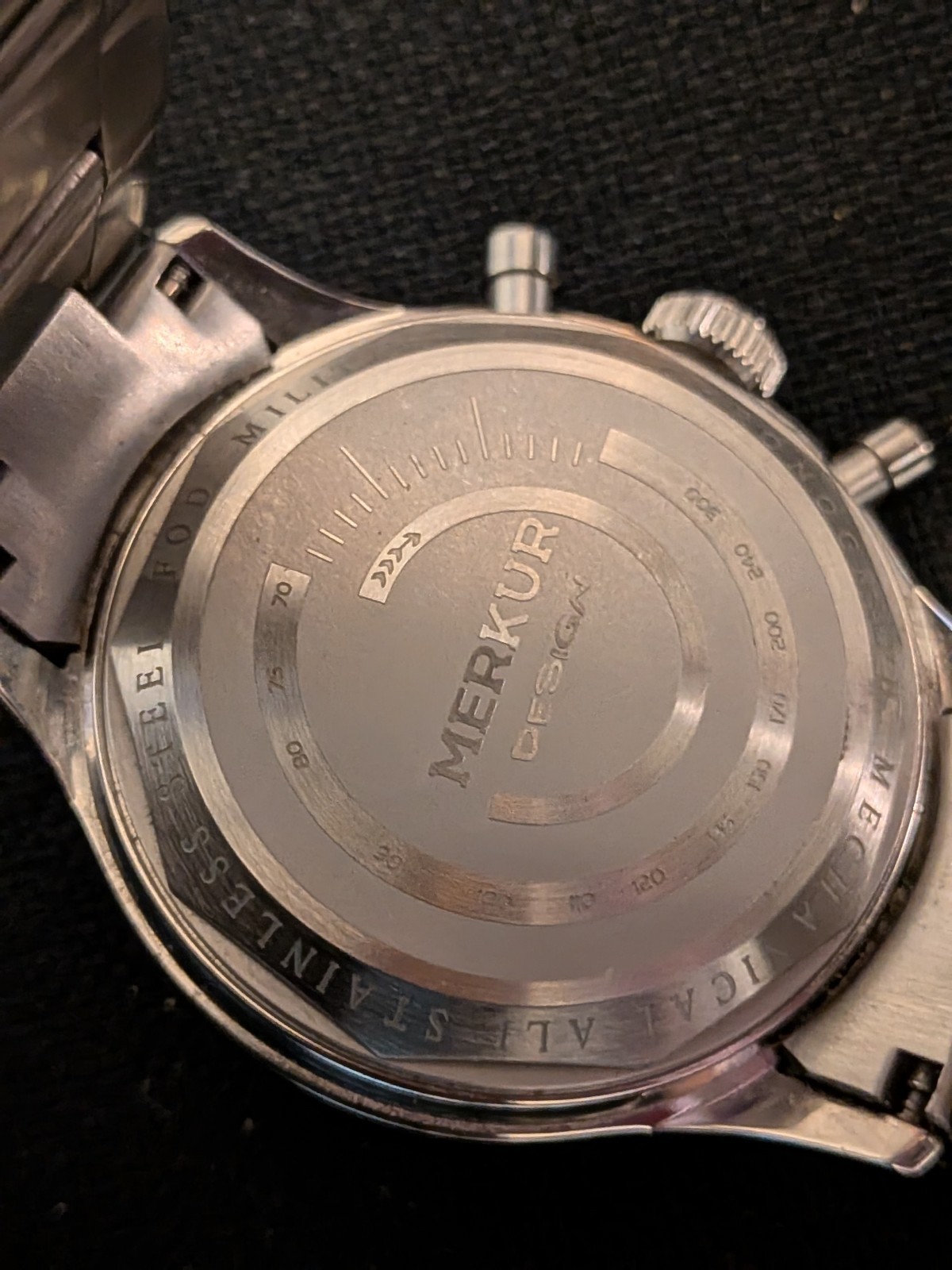 Merkur Big Eye Grey Seagull St 1901 mechanical chronograph watch with bracelet.