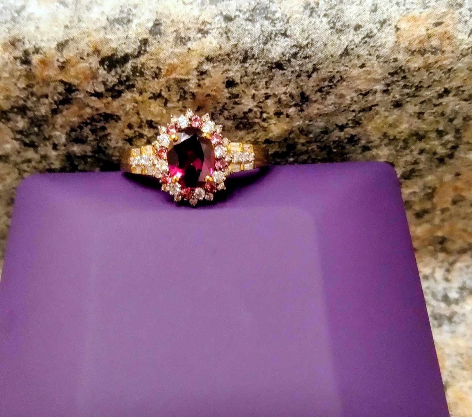 Oval purple Radiant Ember Garnet Gemstone Dia. Halo Yellow Gold Cocktail Ring