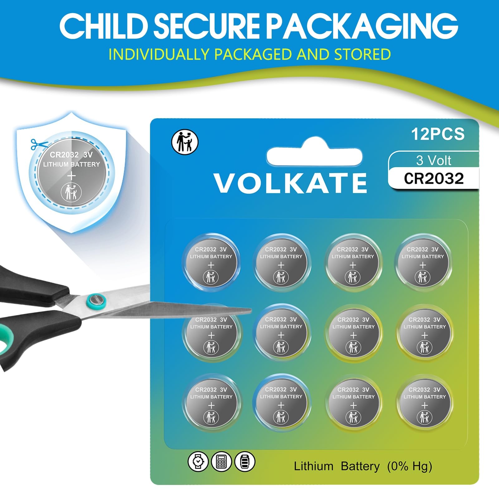 volkate CR2032 Batteries, 12 Count Pack, 2032 Lithium 3V Coin Battery 12 Pack