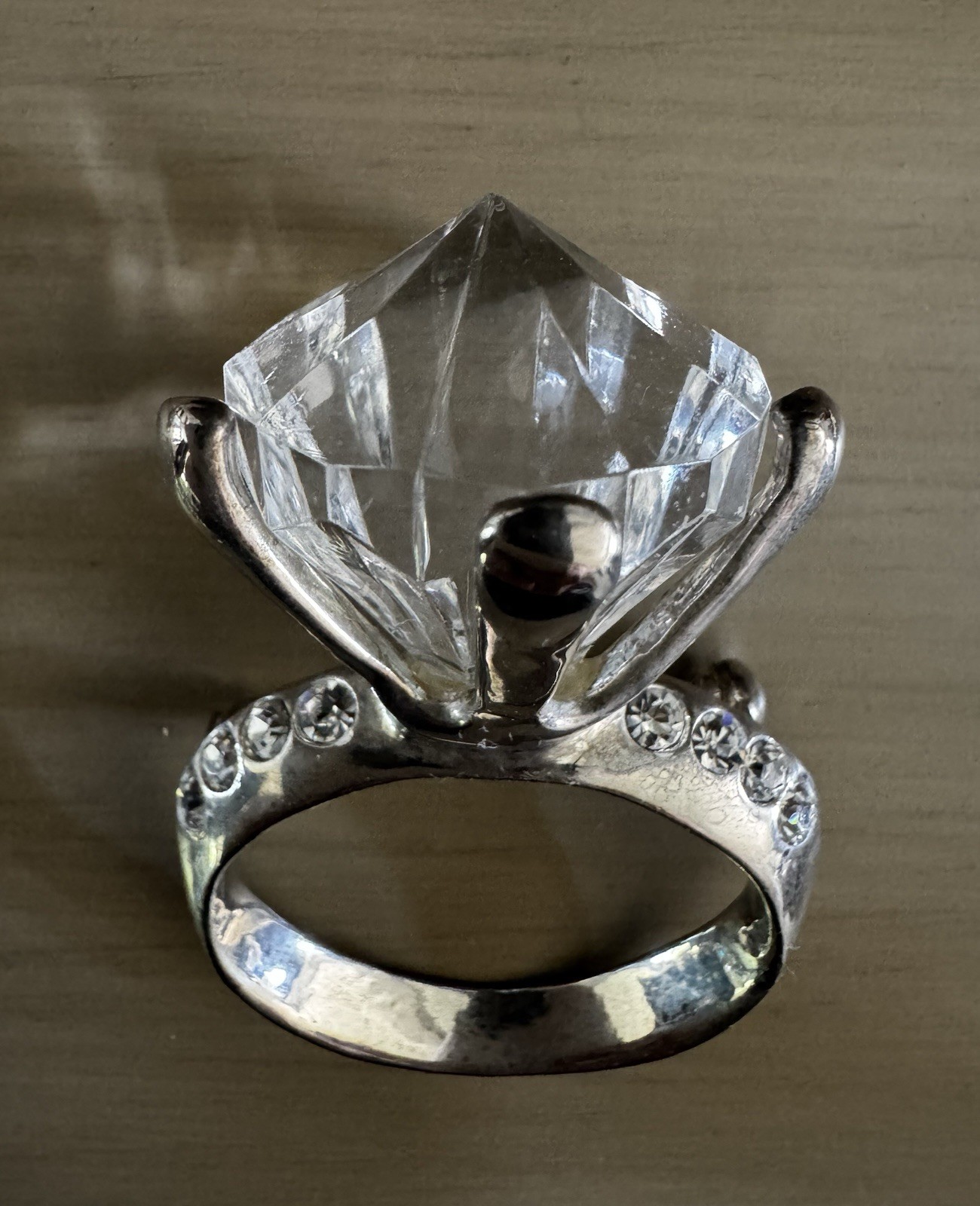 Silver Tone Huge Clear White Rhinestone Solitaire Ring Brooch Pin