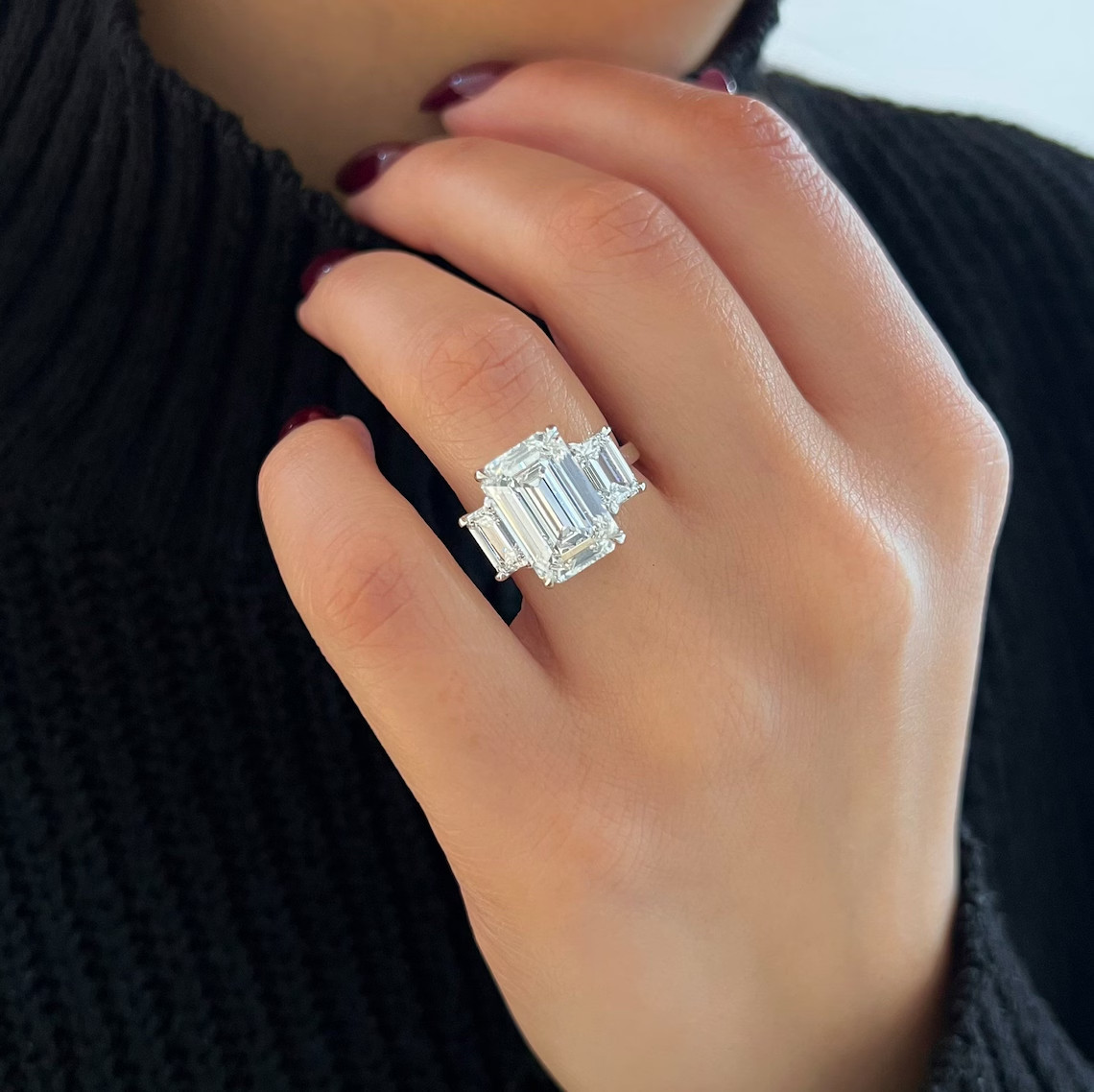 Diamond Ring Emerald Cut 14k White Gold Lab Grown IGI Certified 8 Ct VVS E F