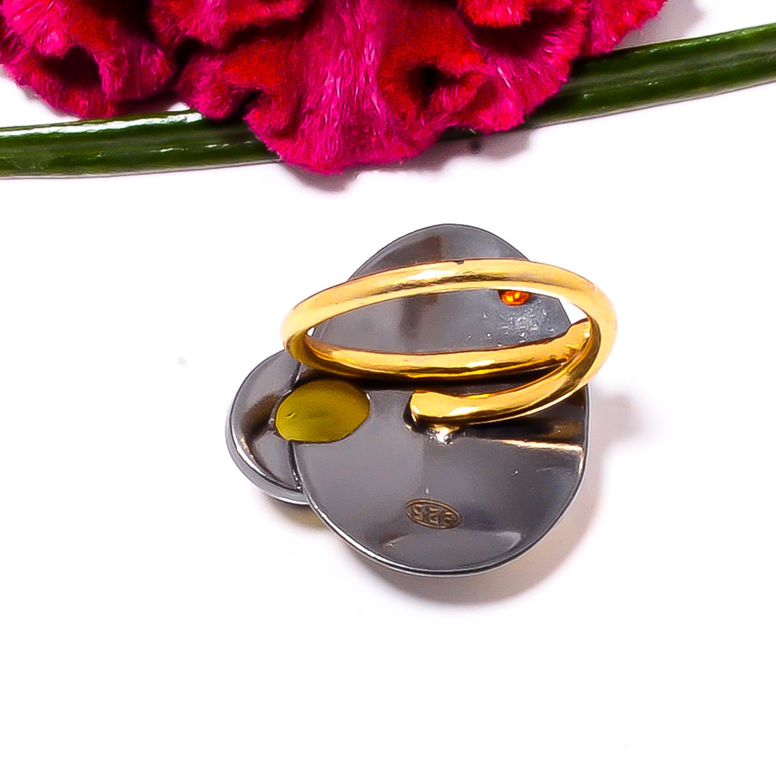 Yellow Onyx, Red Garnet Black & Gold Plated 925 Sterling Silver Ring s.7.5 Sku26