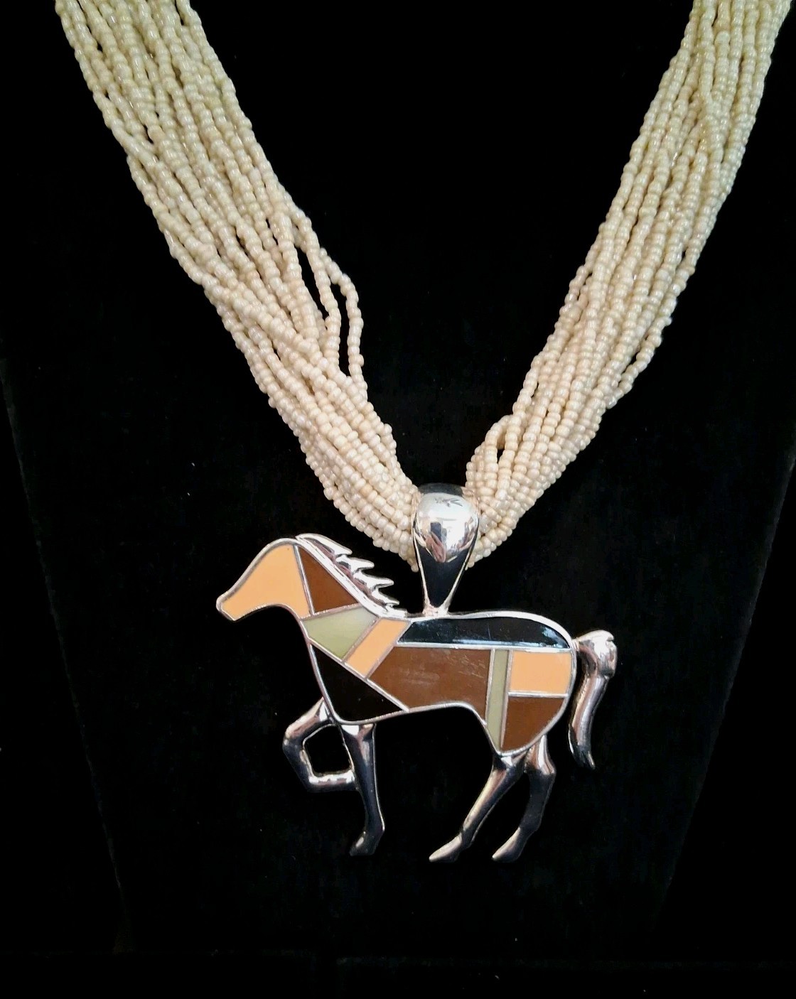 Native Amer. Multicolor Inlay Enamel Horse Pendant On A Multistrand Beaded Chain