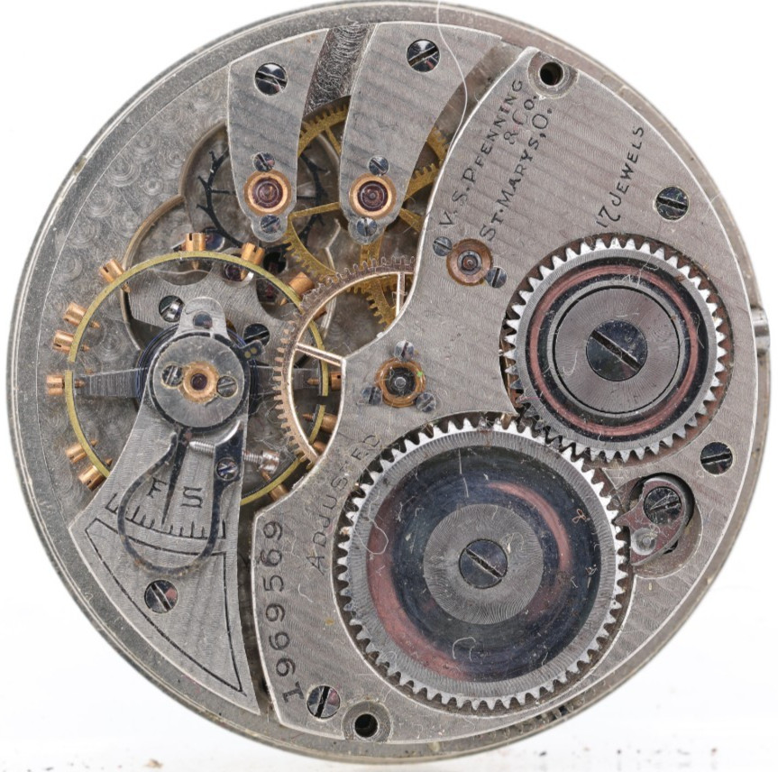 VS PFENNING & Co. St. Mary’s O., 17j ILLINOIS 255, 12s POCKET WATCH MOVEMENT(KI)