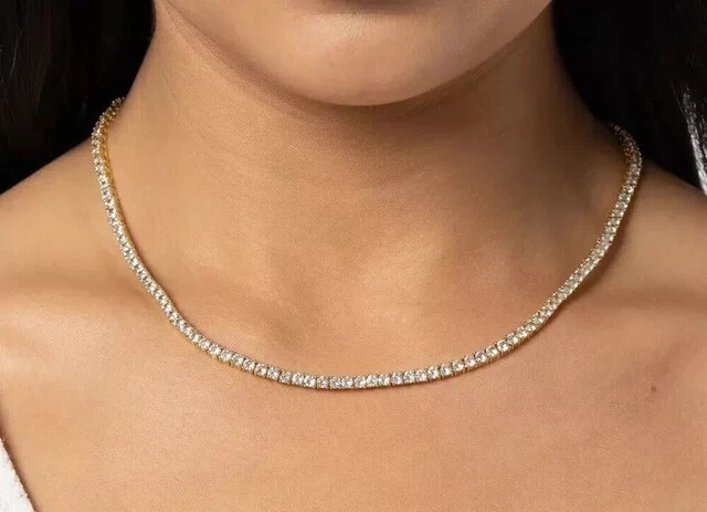 Round Lab Grown Diamond FG/VS-SI Wedding Gift Tennis Necklace 14k Yellow Gold