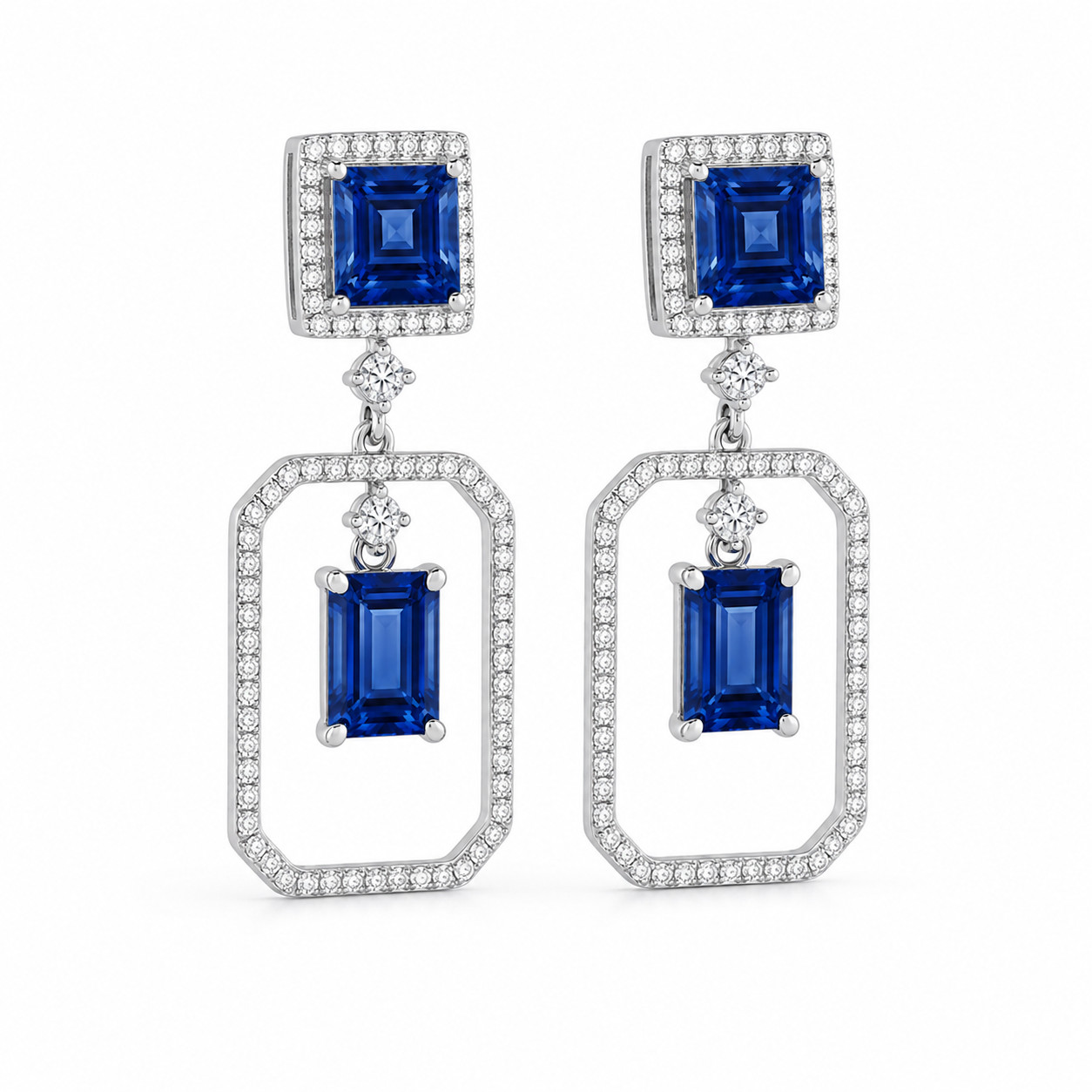 925 Sterling Silver Lab Grown Blue Sapphire Asscher Cut Moissanite Drop Earrings