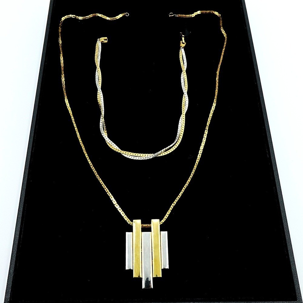VTG 1970s Avon Two Tone Geometric Necklace and Interweave Choker Statement