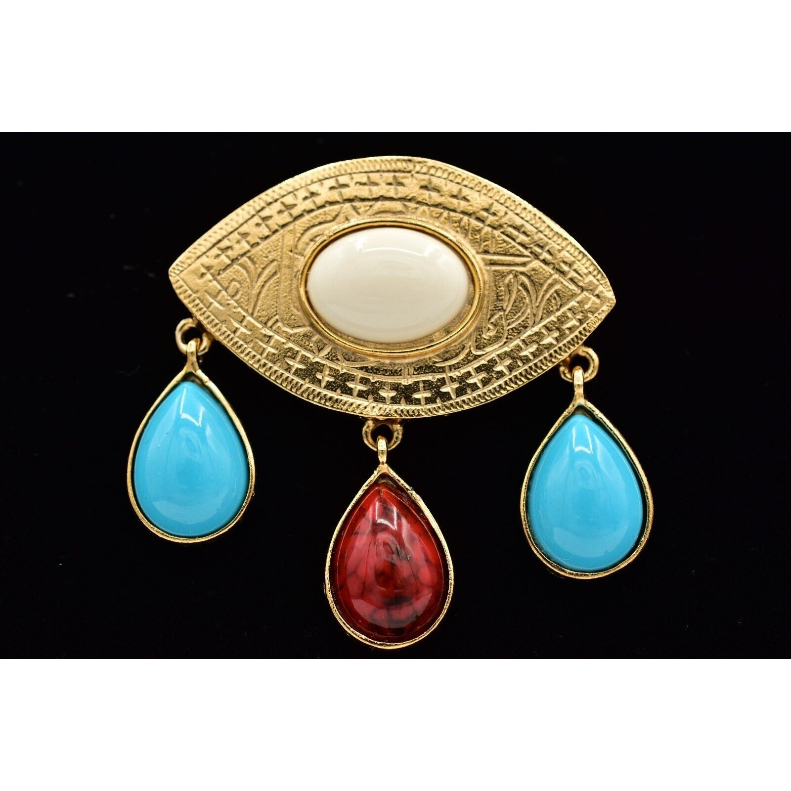 Vintage Cabochon Evil Eye Teardrop Pin Brooch Boho Ornate Chunky NOS 1980s A23