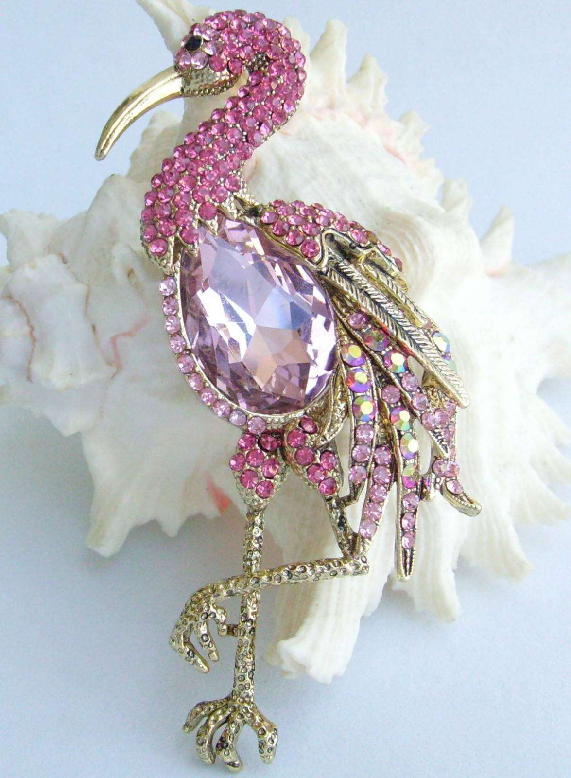 3.94″ Pink Austrian Crystal Flamingo Animal Bird Brooch Pin Pendant 06620C5