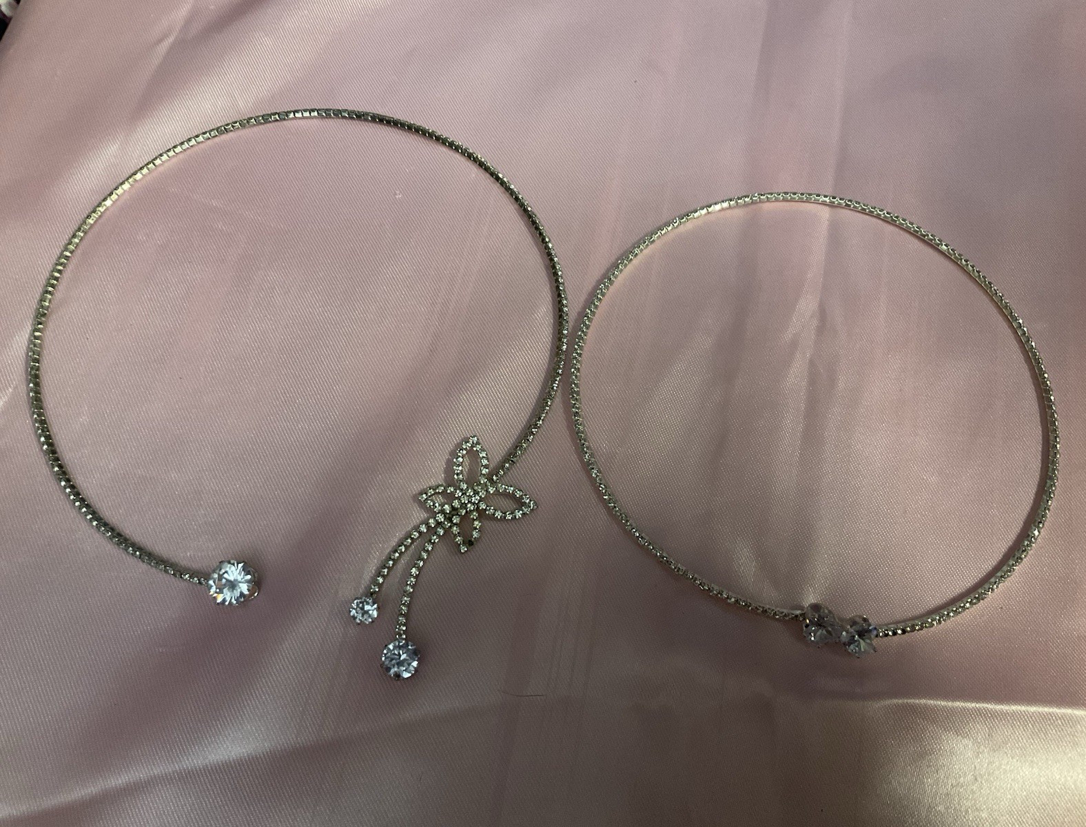 Lot of 2 Silver Tone Box Chain Choker Necklaces Butterfly Charm Crystal
