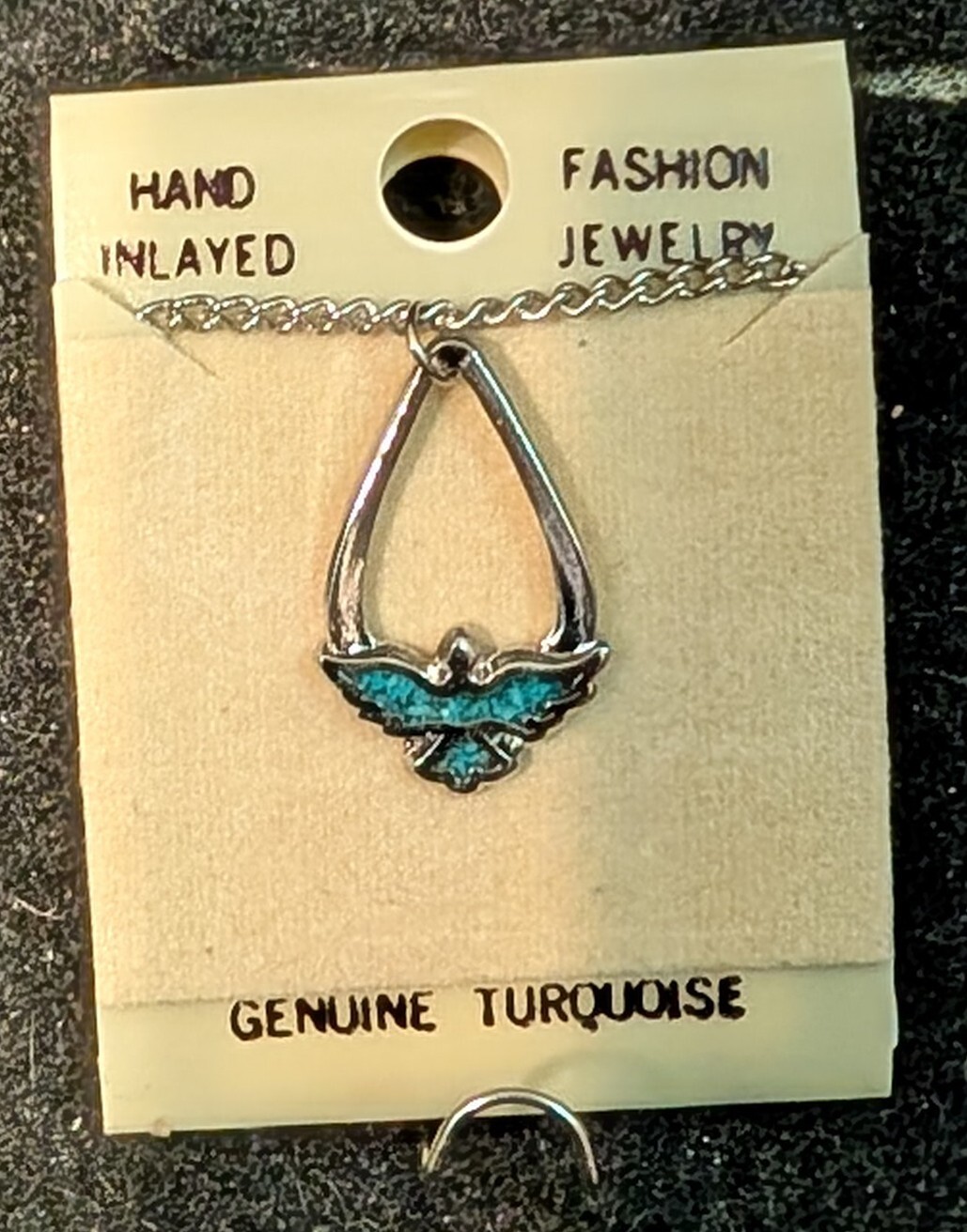 Vintage Nickle Silver Necklace Open Eagle Turquoise Inlay Resin Filled Size 3/4″