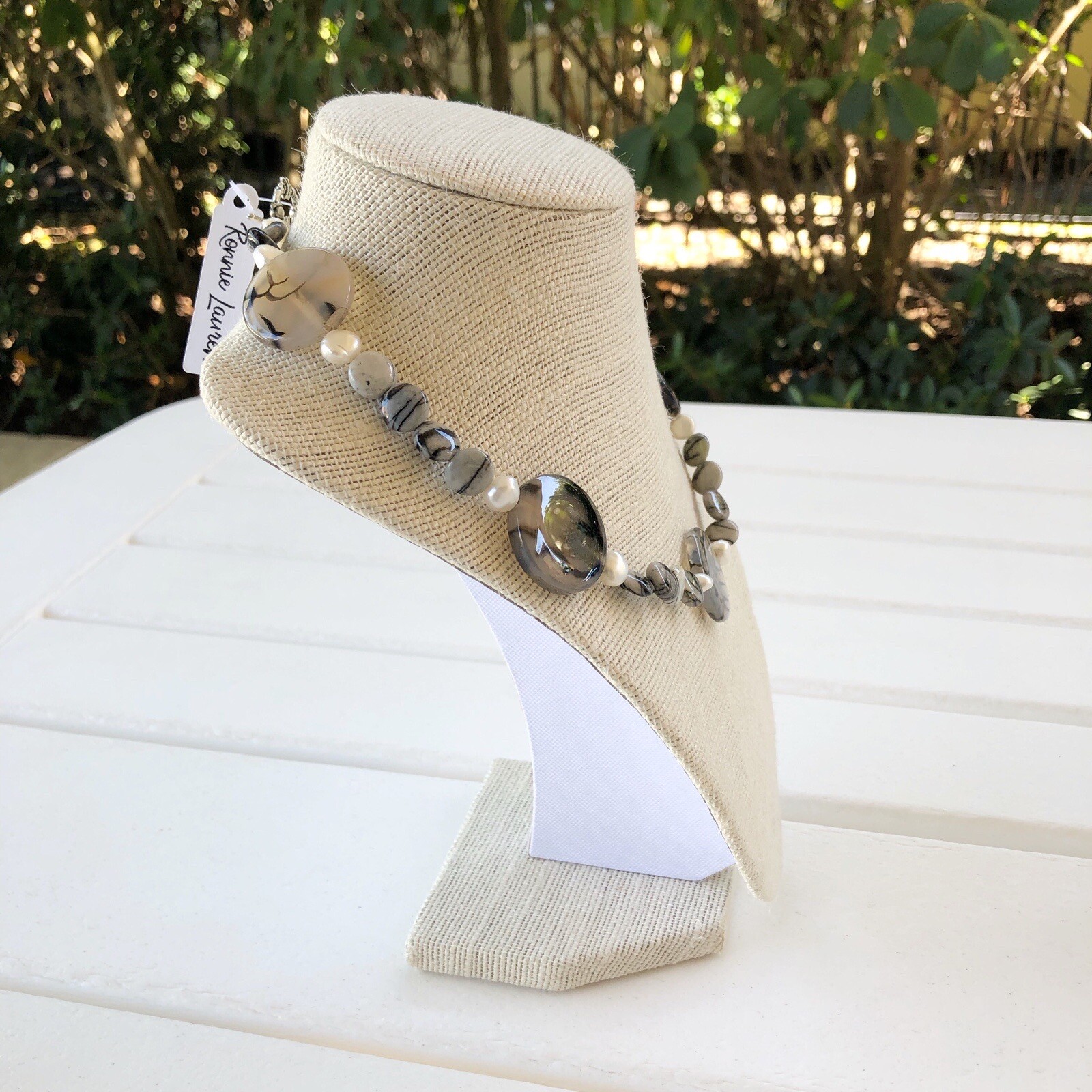 NWT Genuine Black Agate & Pearls Beaded Necklace Black Gray White