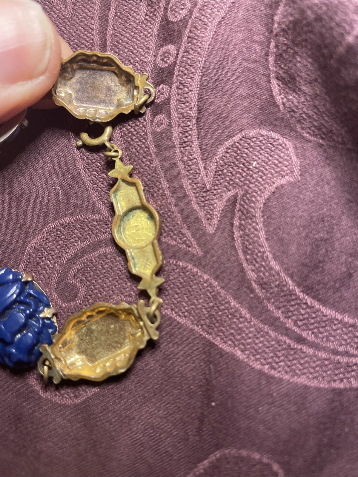 Antique Art Deco Blue Molded Glass Bracelet Screw Earrings Egypt Gold Tone Set