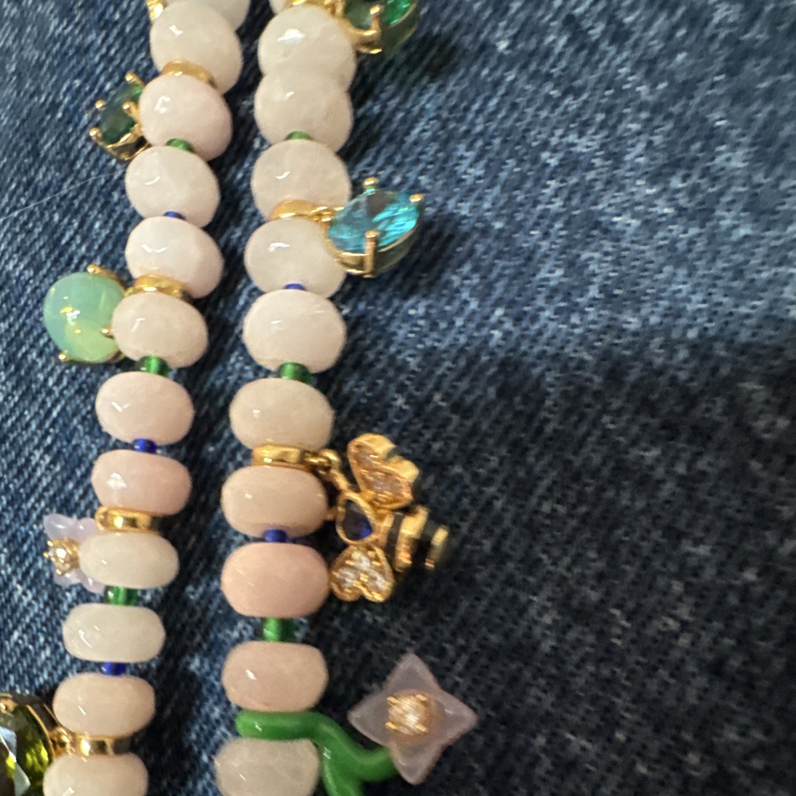 kate spade new york Pink Beaded Charm Necklace Green Heart Glass Pendant