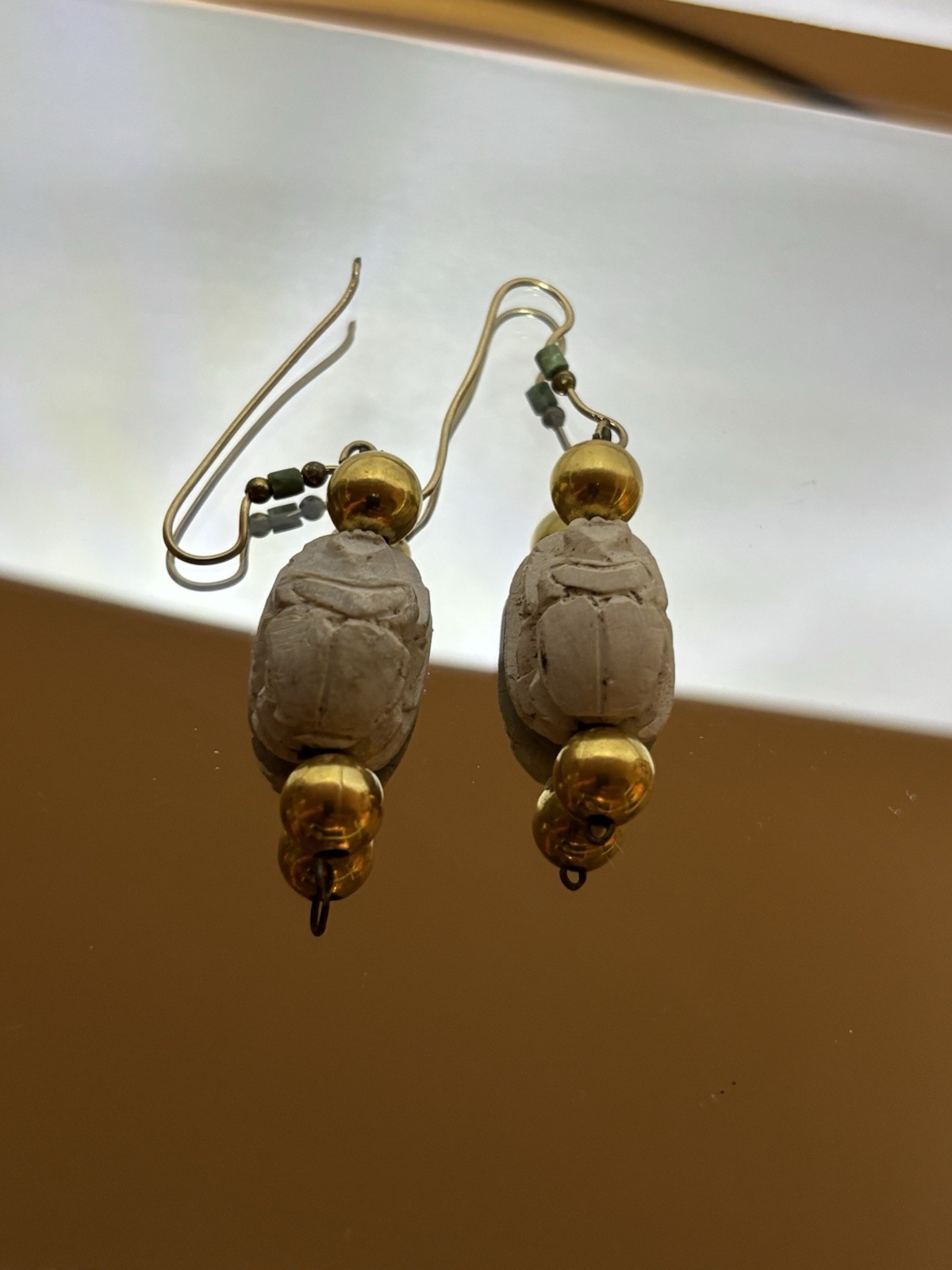 Egyptian Scarab-Style Dangle/Drop Hook Earrings, Gold Tone White Carved Beads
