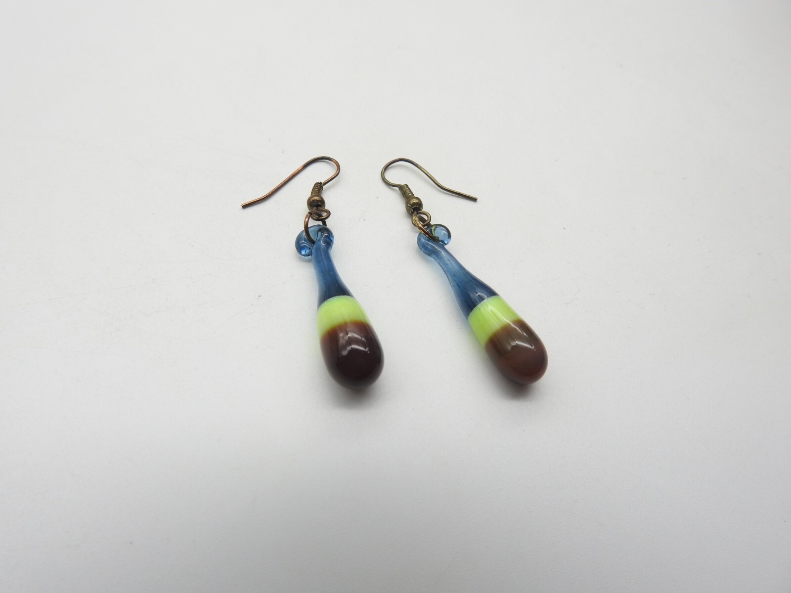 Brown Green Blue Striped Hand Blown Glass Bead Dangle Pierced Earrings Vintage