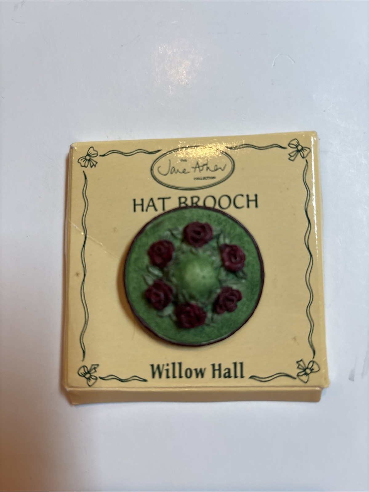 Vintage Jane Asher Hat Brooch Green Red Rose Floral Pin Willow Hall New On Card⁠