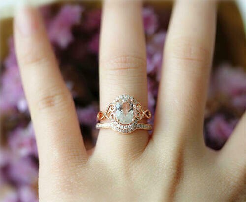 Bridal Set Guard Ring Oval Cut Simulated Peach Morganite In 14K Rose Gold Plated