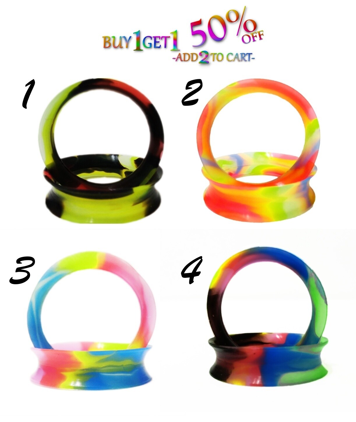 Pair 8g-40mm DARK RAINBOW SILICONE FLESH TUNNELS Double Flare Gauges Thin 2053