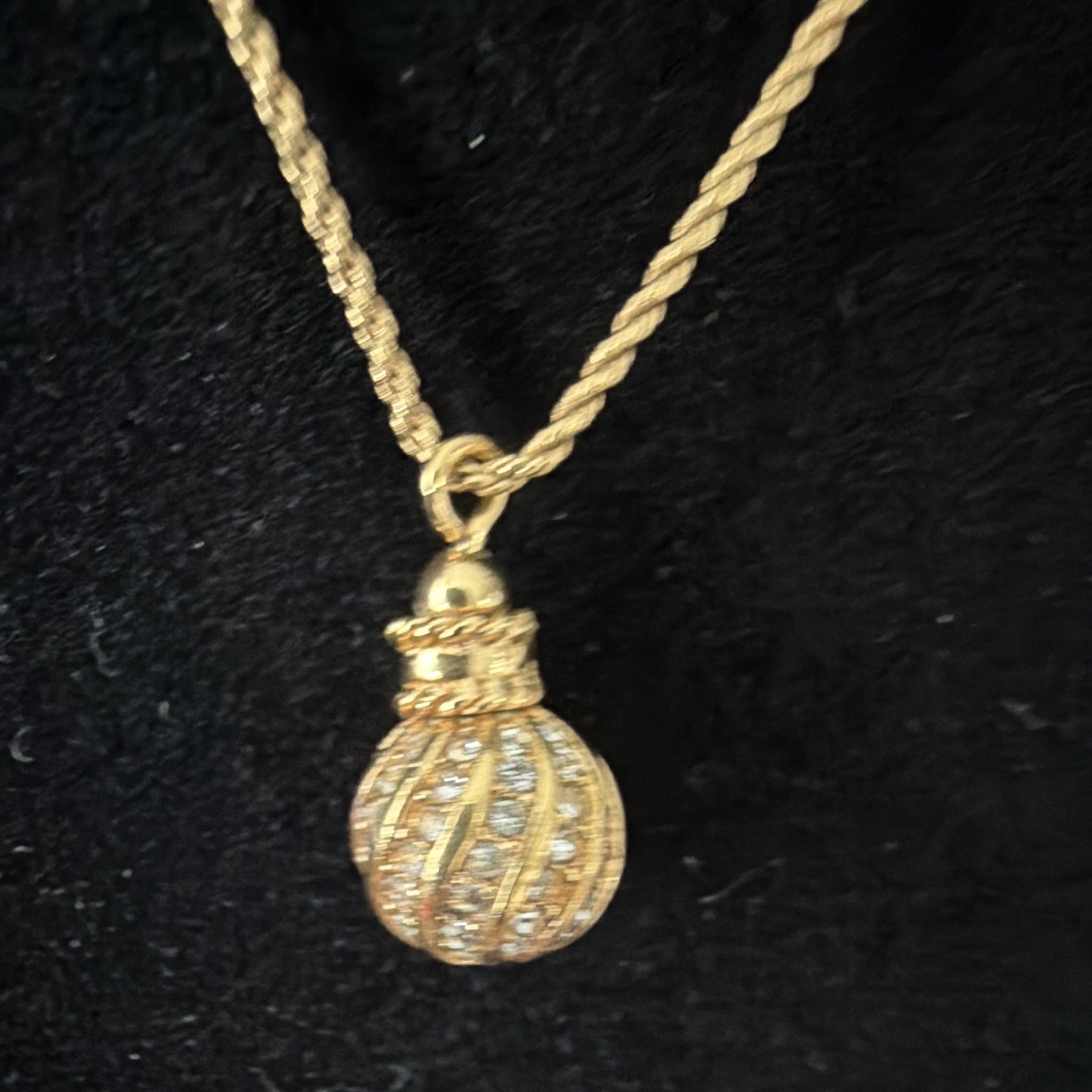 ⁠Vintage Christian Dior Gold Pave Crystal Perfume Bottle Orb Pendant Necklace