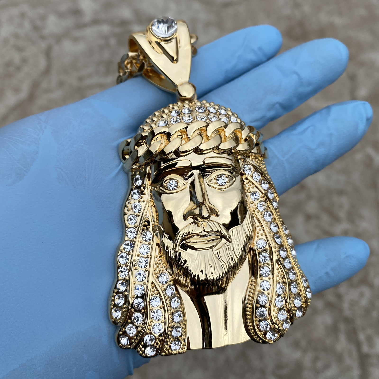 18K Gold Plated Huge Jesus Head Pendant CZ Necklace Hip Hop Cuban Link Chain 30″