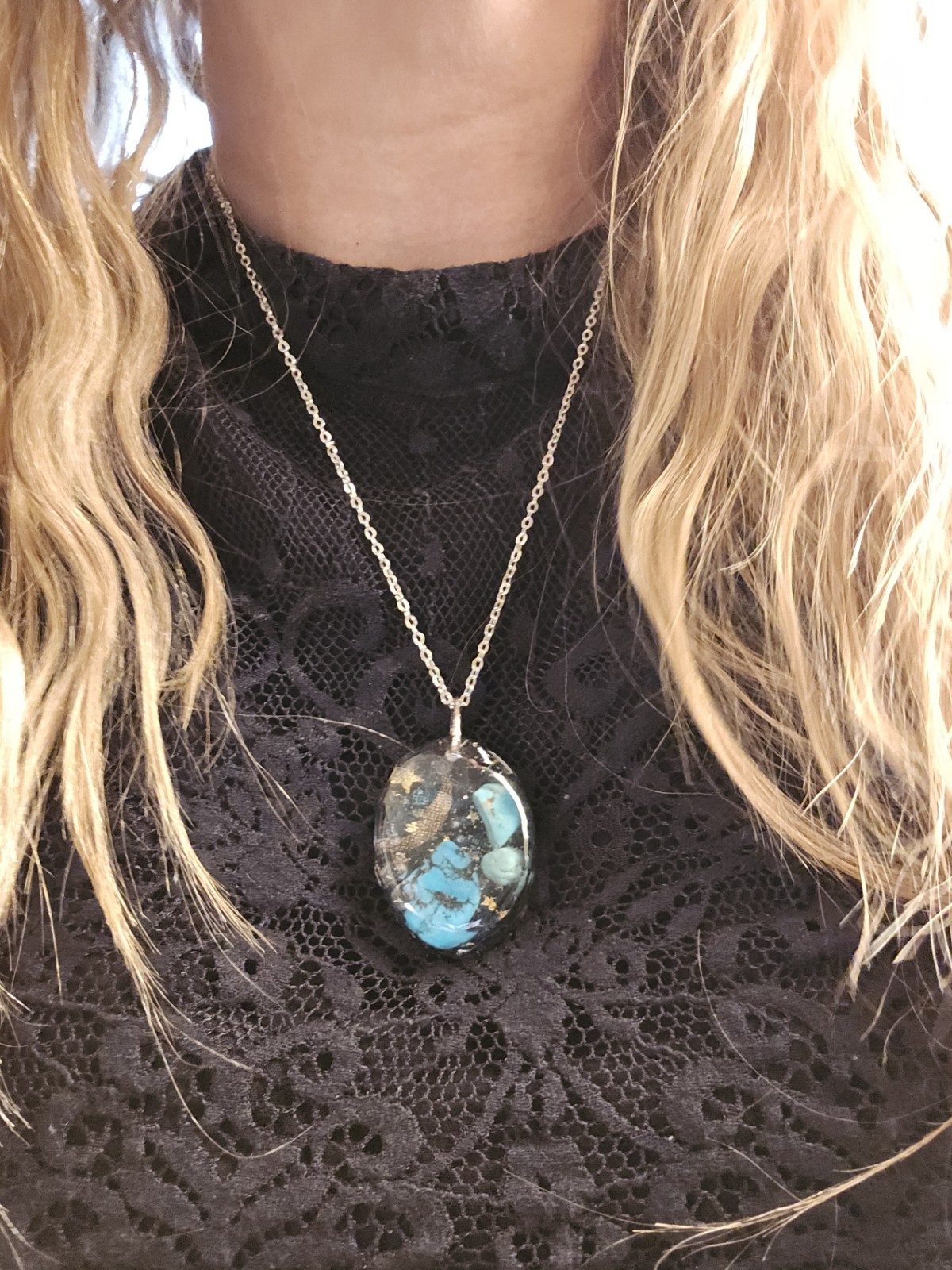 Turquoise Galaxy Resin Pendant Artisan Necklace 20 Inch Stainless Steel Chain