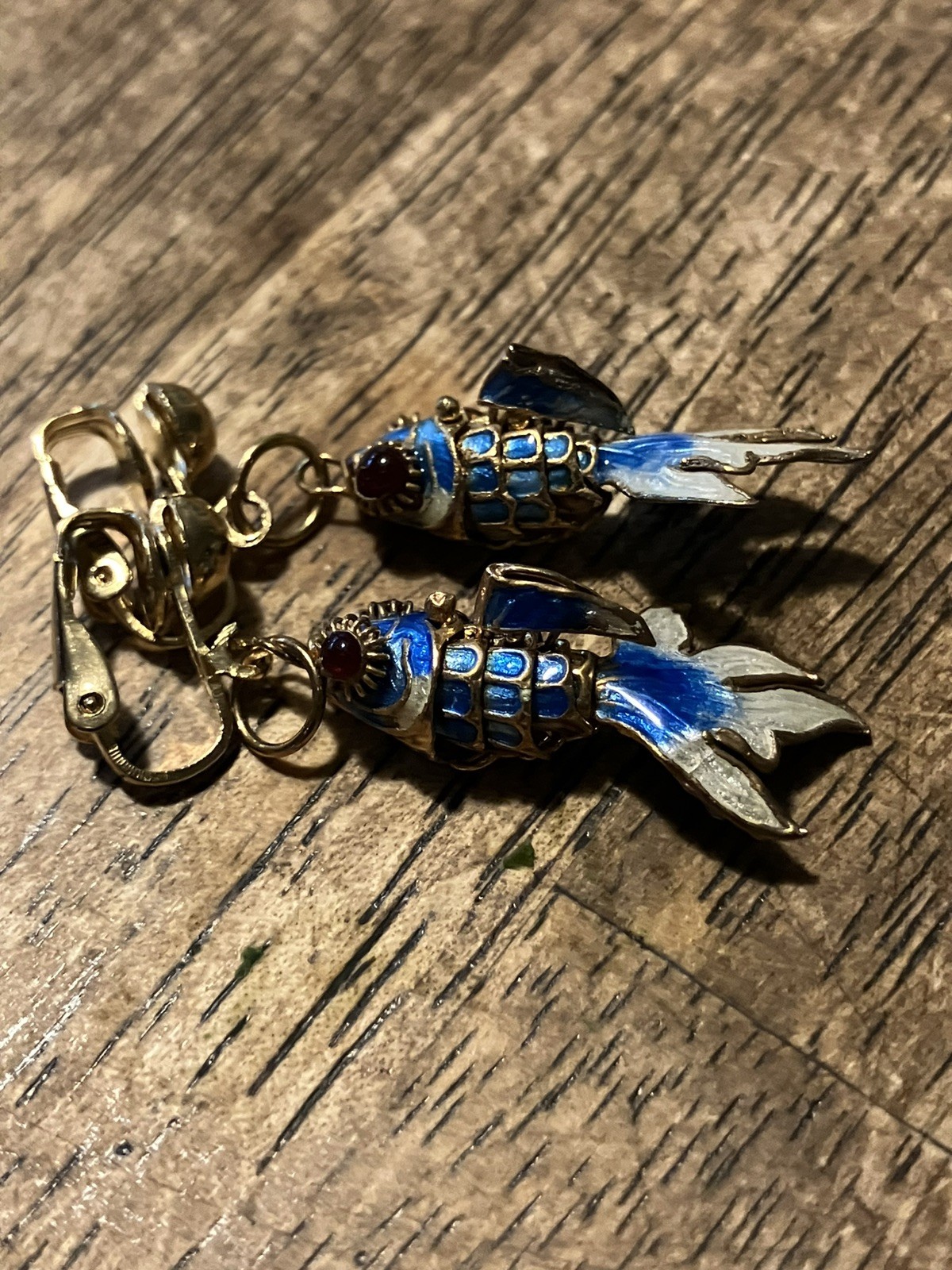 Vintage Articulated Koi Fish Clip On Earrings Blue and Gold Cloisonné Enamel
