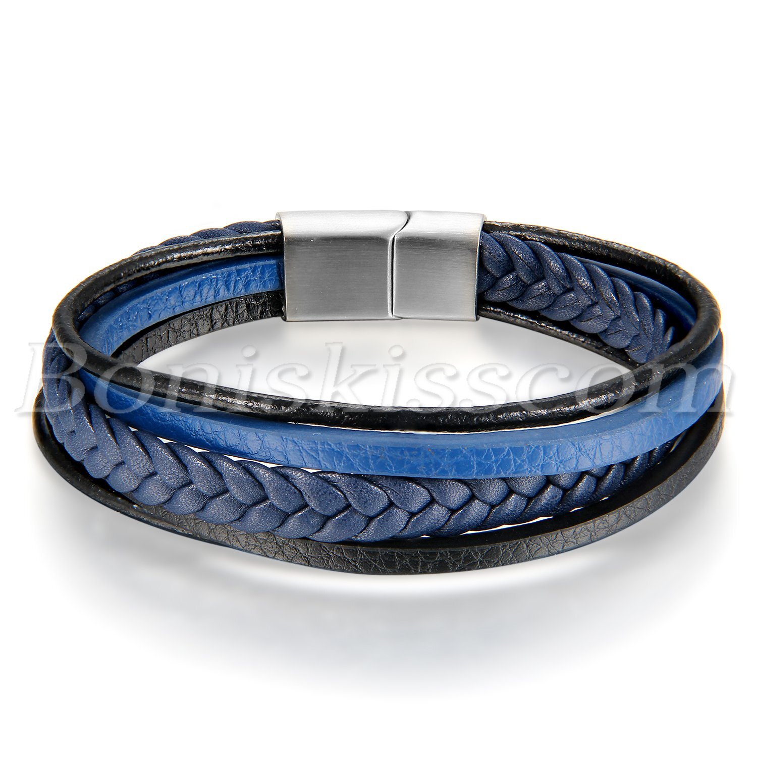 Men’s Multilayer Braided Wheat Leather Stainless Steel Buckle Bracelet Wristband