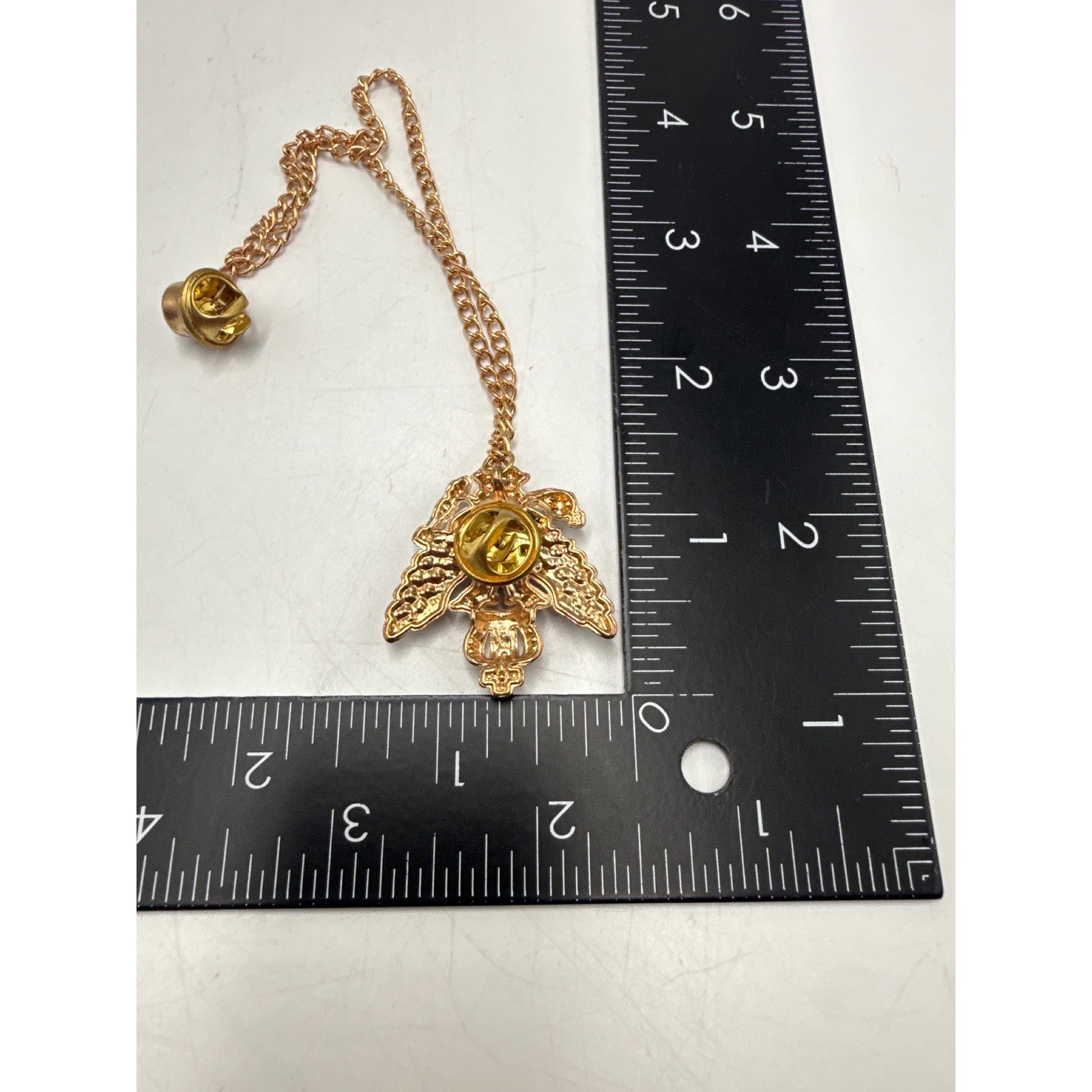 Gold Tone Double Headed Eagle Crown Lapel Pin Blue Stone Rhinestone Chain Brooch